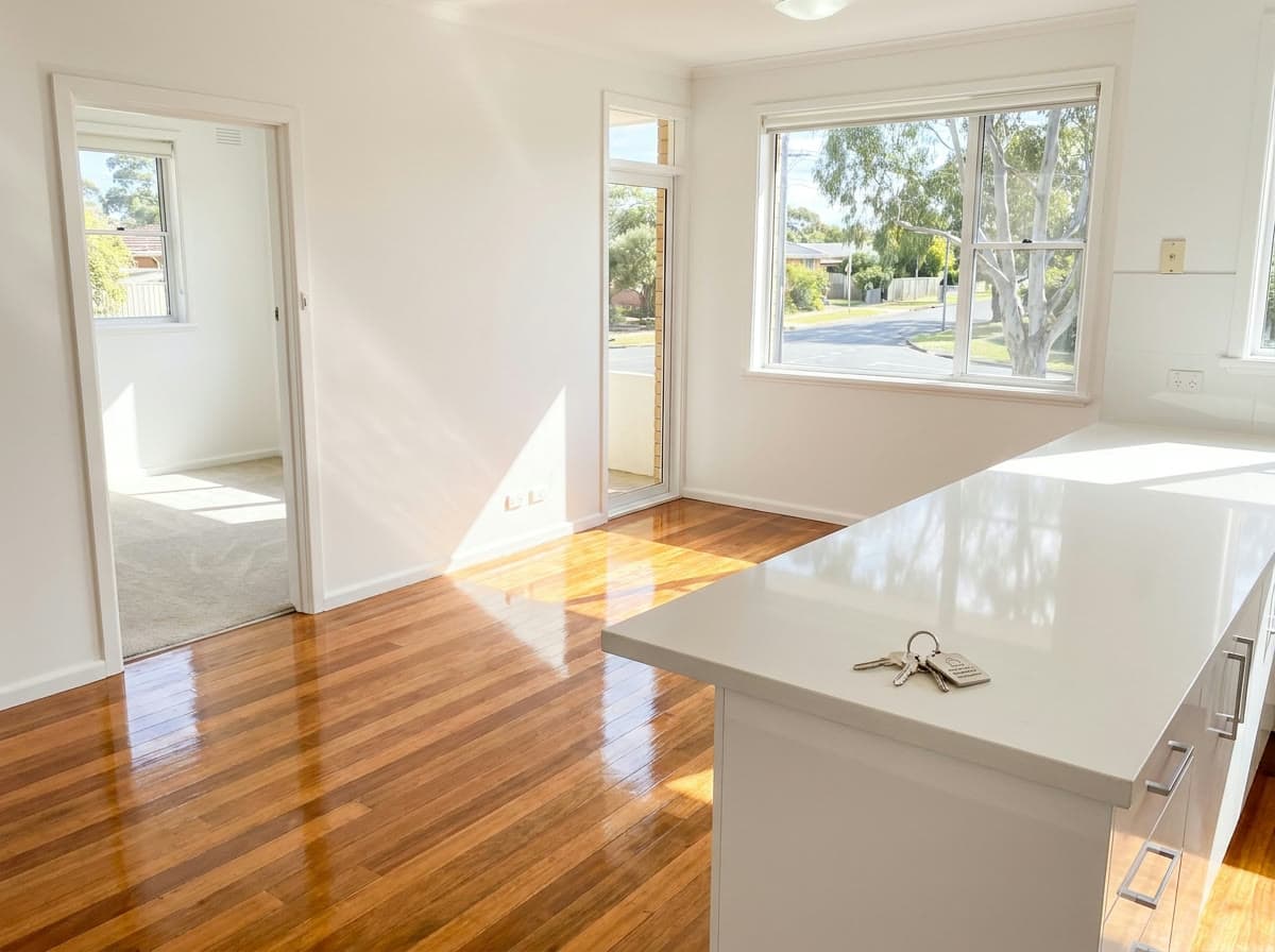 Empty rental apartment gleaming after an end of lease clean, keys on the kitchen bench