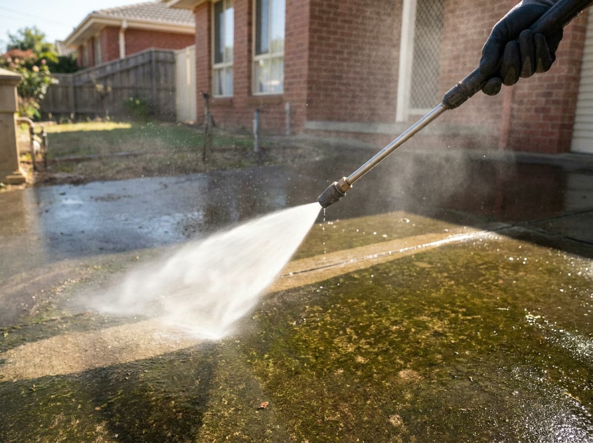 Pressure washer cutting a bright clean stripe through a grimy driveway