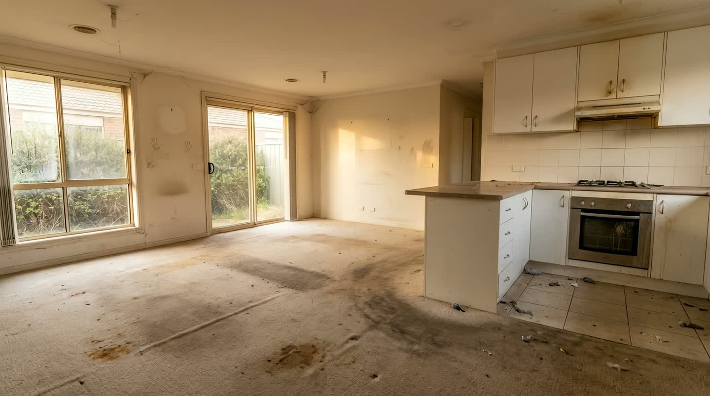 An empty rental home with stained carpet, marked walls and a dirty kitchen before a Maxtreme end of lease clean