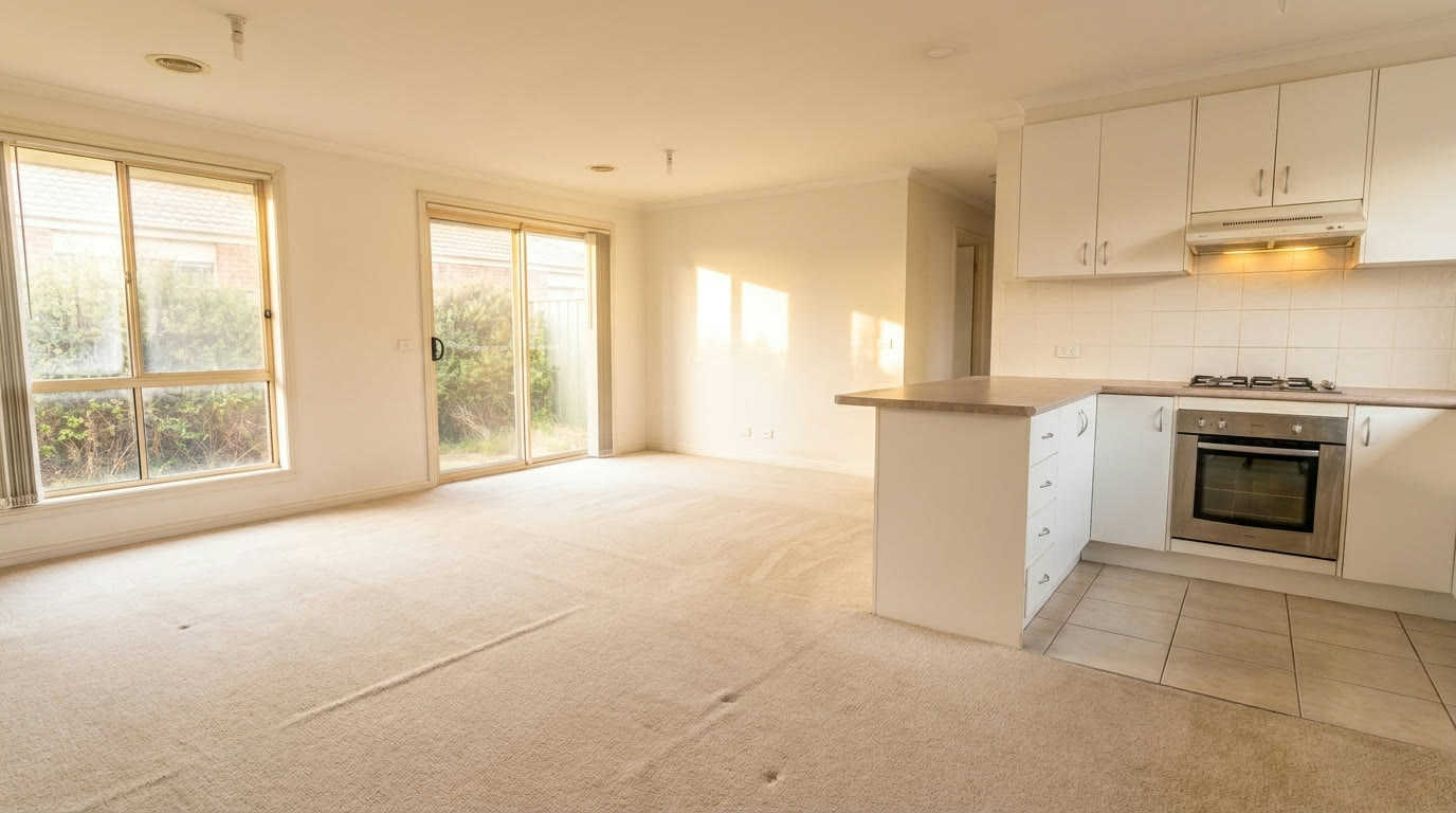 The same vacant living area spotless and inspection-ready after a Maxtreme end of lease clean